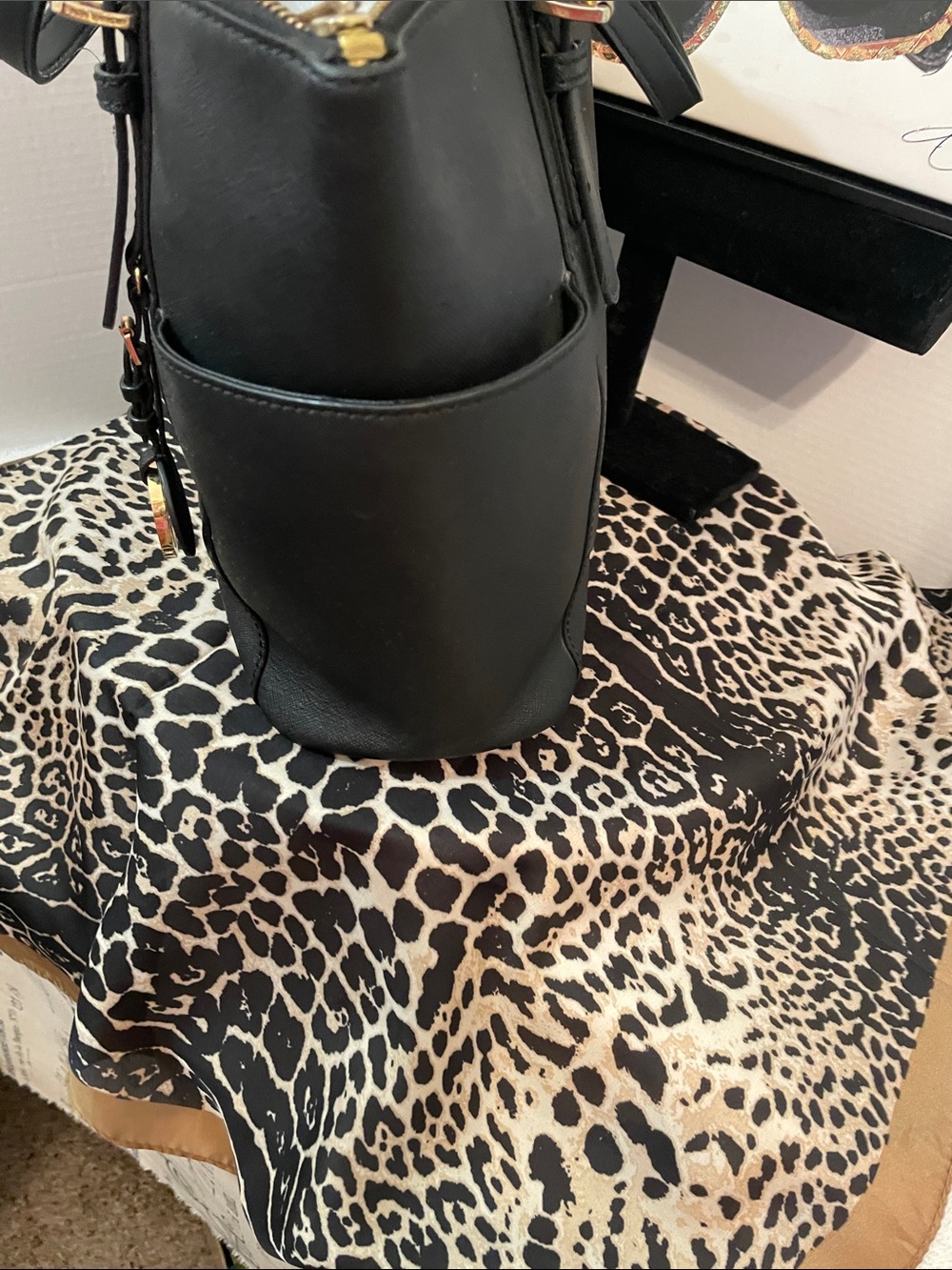 Michael Kors Black Leather Logo Tote with Gold Hardware - Picture 3 of 13